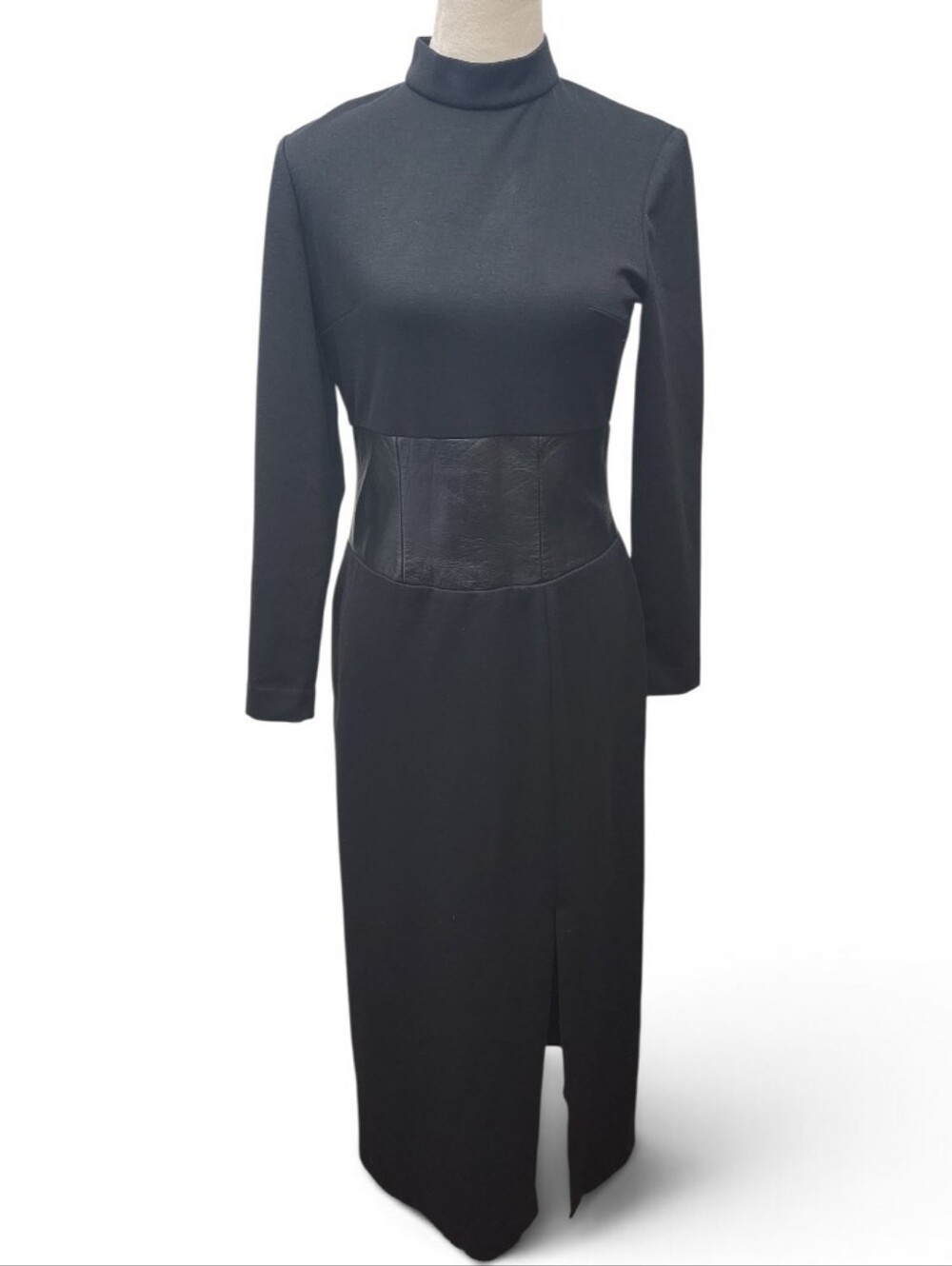 Blushe by Spiegel Black Mock Neck Dress Leather Waist Panel Size 4 Long Sleeves